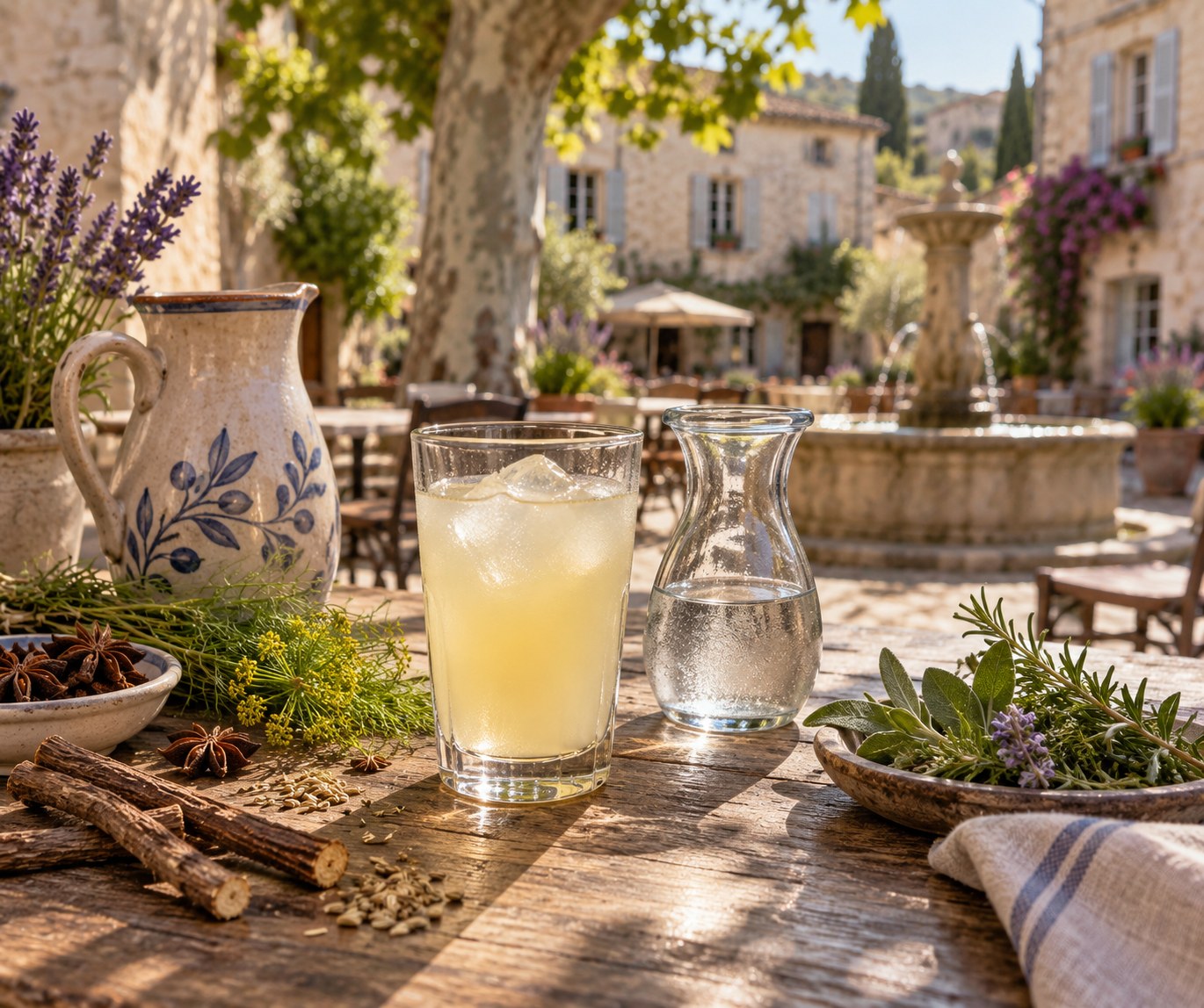 Verre de pastis servi avec eau fraîche et glaçons