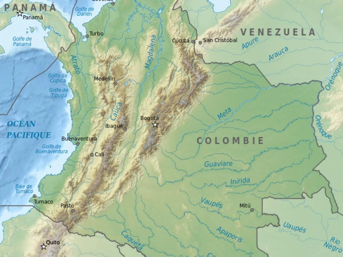 Carte de la Colombie avec ses principales villes, la cordillère des Andes et ses côtes caraïbe et pacifique